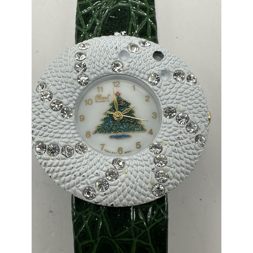 Pearl Christmas Tree Ladies Watch New Battery 36MM 7"‎ Green Leather Band C16